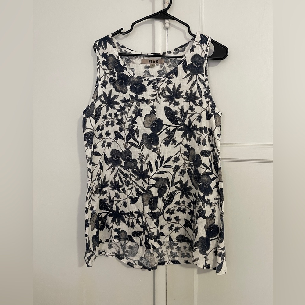 Flax floral navy linen tank top size small